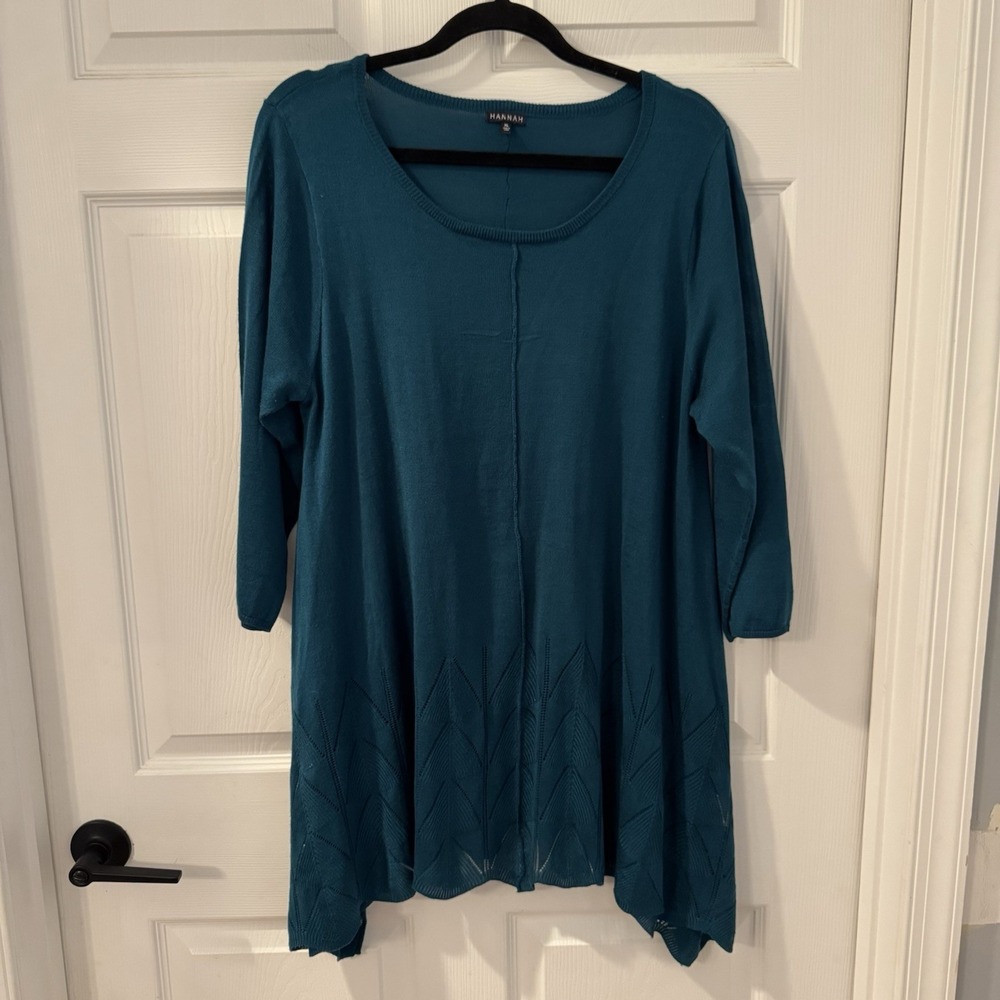 Hannah Women's Sweater Teal Green Blue Asymmetrical Knit Tunic Sz XL‎ Boho Fairy